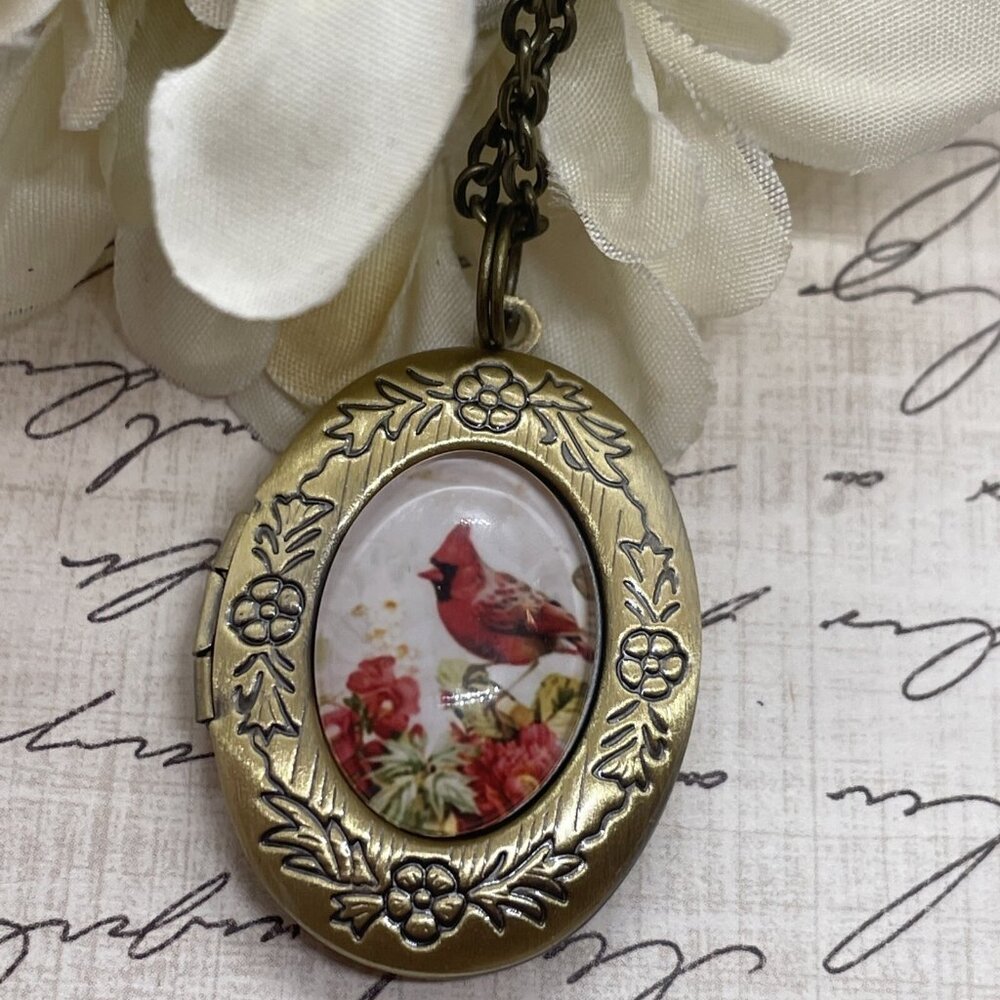 Bronze Red Bird Cardinal Memorial Jewelry  Locket Necklace Pendant Wedding New